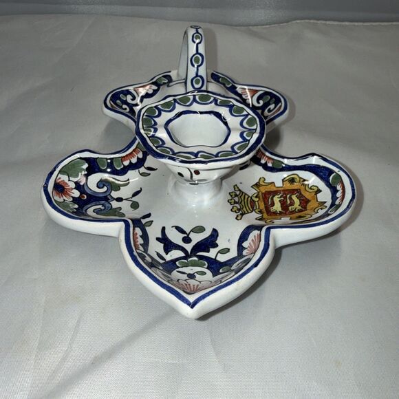 Vintage Leaf Shape Chamberstick Candle Holder Floral Hand Painted Made In France - Picture 3 of 7